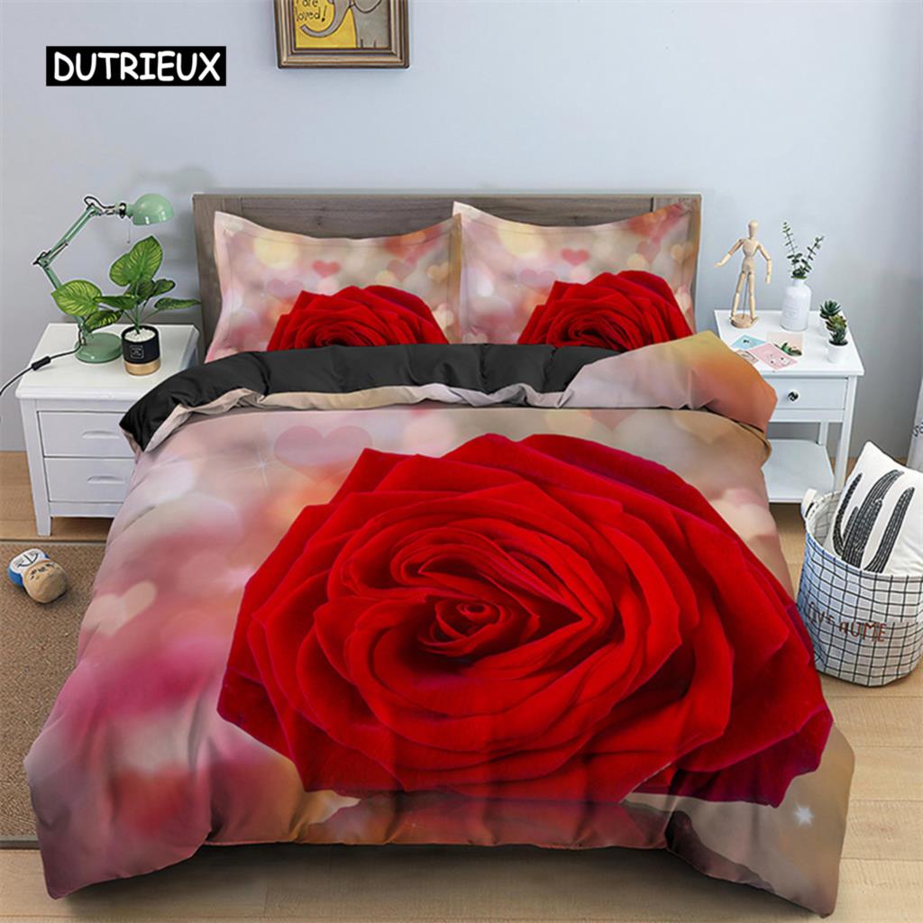 Rose Duvet Cover Set Microfiber Pink Heart Rose Romantic Flower Theme Bedding Set For Lovers Double Queen King Size Quilt Cover