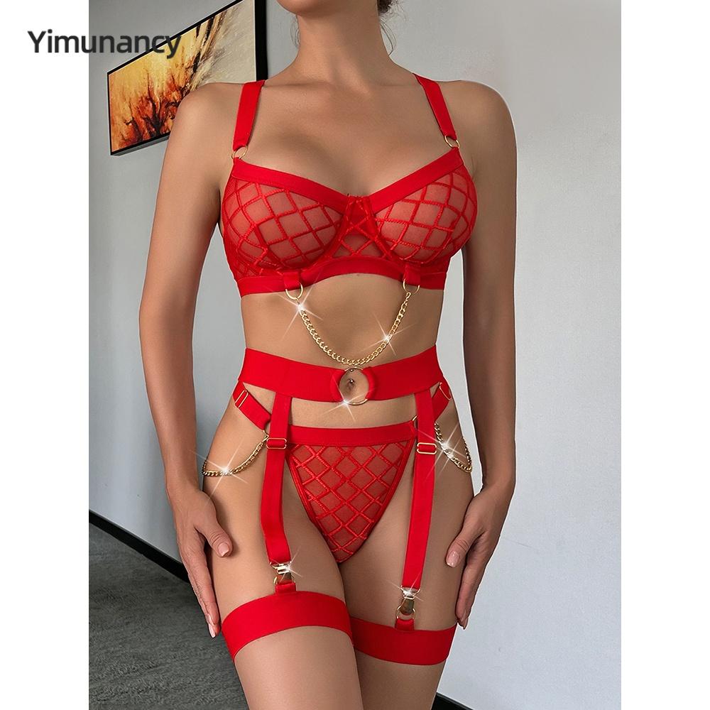 Yimunancy Mesh Lingerie Set Women Transparent Plaid Bra + Chain Brief Sexy Underwear Set Red Erotic Garter Kit