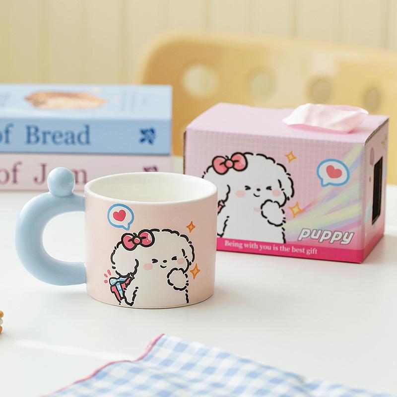 

Cartoon Cute Puppy Couple with Flower and Ceramic Mug for Girls Drinking Water Cup Souvenir Birthday Gift about 380ml