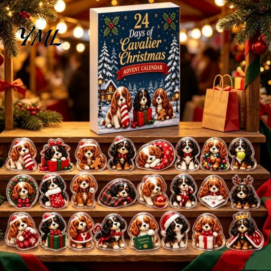2D Acrylic Puppy Patches 2026 Christmas Dog Advent Calendar, 24 Ornaments Countdown Holiday Decorative Cartoon Festive Pendants for Tree, Party