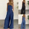 Women's Casual Color Denim Side Pockets Wide Leg Side Button Jumpsuit