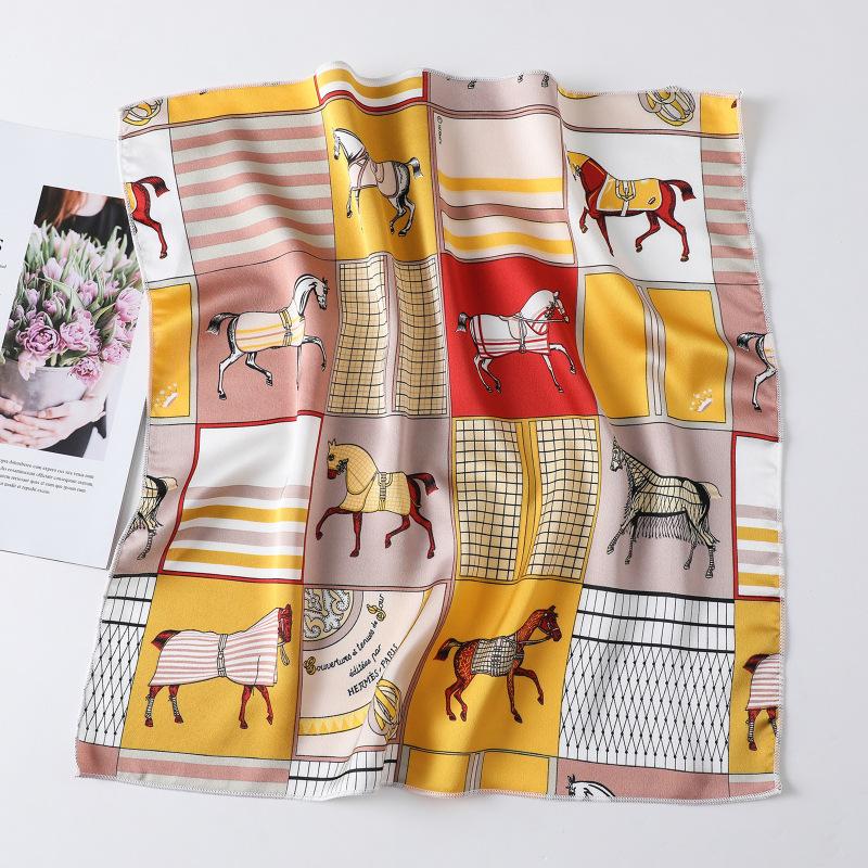 50X50CM Women Square Scarf Horse Printing Hair Neck Scarfs For Ladies Kerchief Twill Imitation Silk Foulard Scarves&Wraps