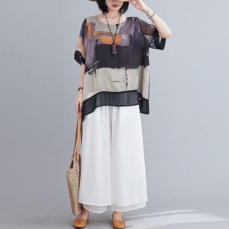 

Женская шифоновая футболка большого размера с короткими рукавами на лето, бриджи-кюлоты с широкими штанинами длиной девять точек, свободный модный костюм для женщин XXXL жёлтый