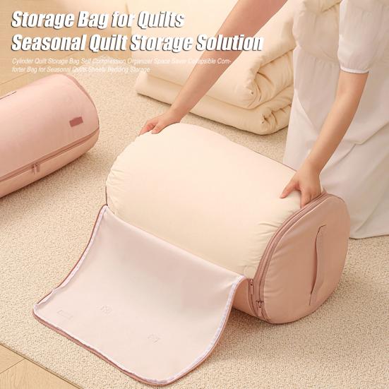 Cylinder Quilt Storage Bag Self Compression Organizer Space Saver Collapsible Comforter Bag for Seasonal Quilts Sheets Bedding Storage