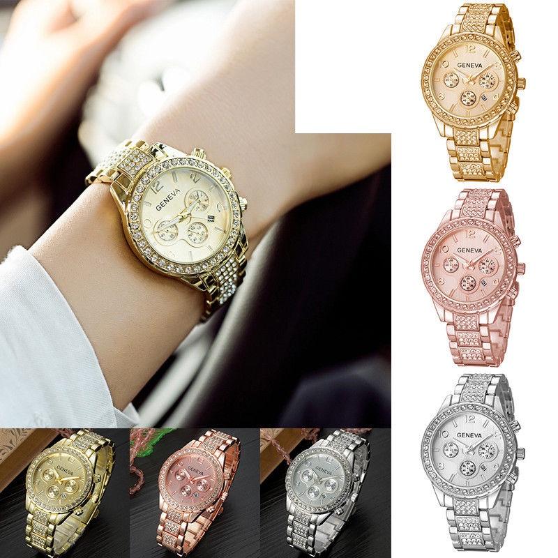 Brilliant Geneva Luxury Women Crystal Stainless Steel Quartz Analog Wrist Watch
