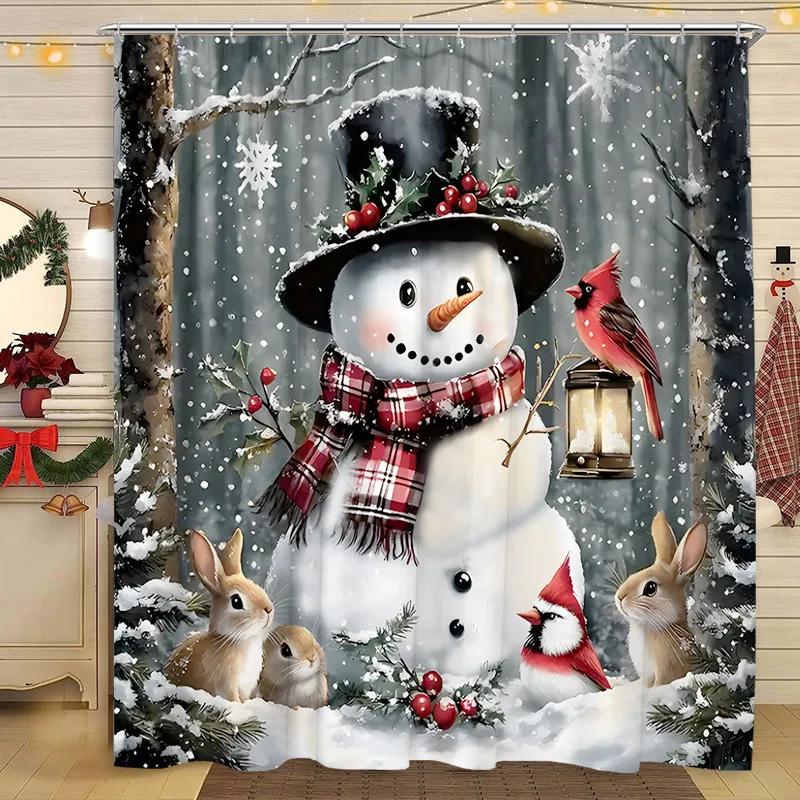 Christmas Shower Curtain Snowman Santa Claus Winter Snow Scene Christmas Gift Polyester Fabric Shower Curtains Bathroom Decor