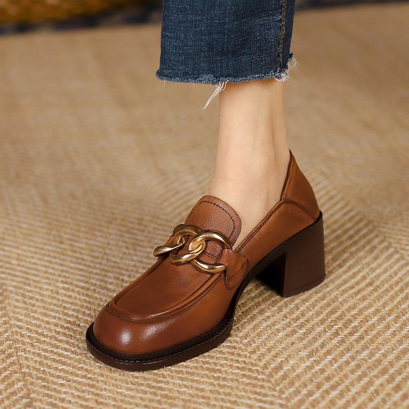 Escarpins pour femmes en cuir de vachette entièrement en cuir avec chaîne en métal mocassins chaussures chaussures paresseuses