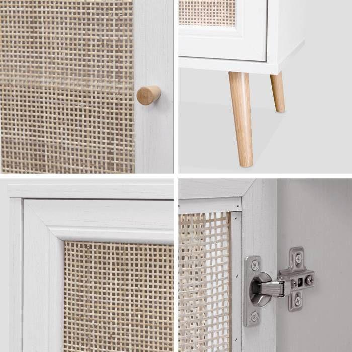 Meuble TV en cannage 120x39x56.5cm - Bohème - Blanc. 2 niveaux. 2 étagères. 2 portes. pieds scandinaves