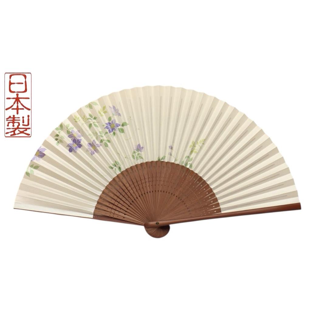 Clematis Design Made In and Perfect for Ideal As a Personal Gift or 19cm X 35cm When Kyoto-style Fan, (beige), Kyoto, Japan. Elegant, Handcrafted,