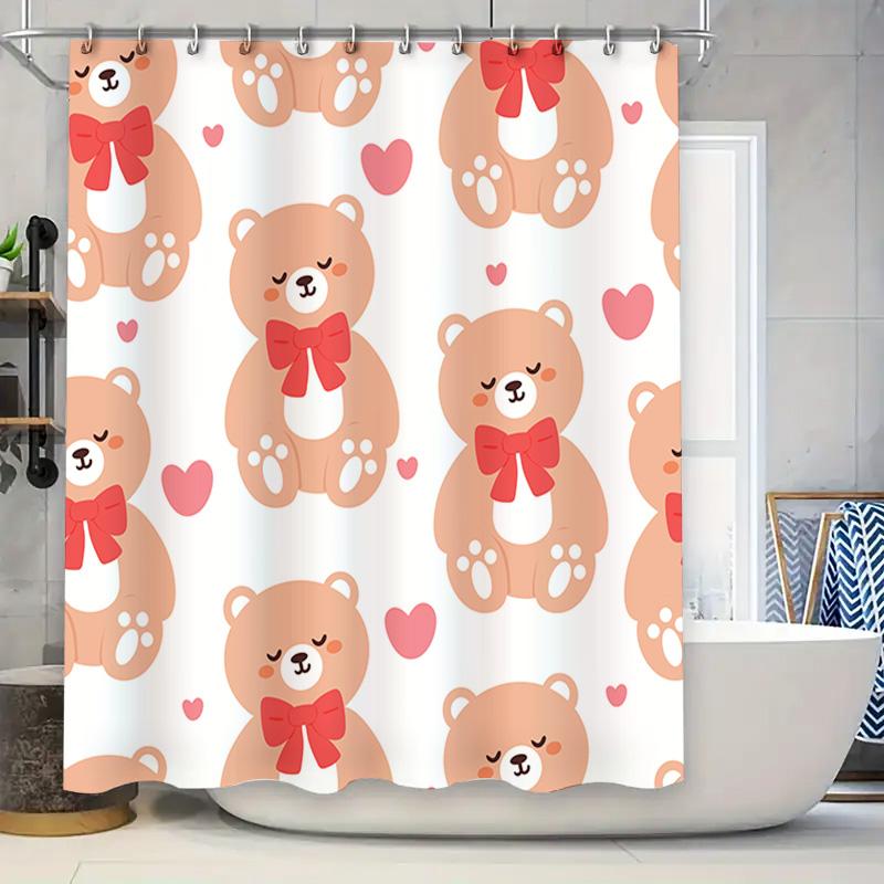 

Teddy Bear Shower Curtain With Bowknot Print For Bathroom Decor Pink Red Hearts Pattern 160X180Cm Large Size Bath Tarpaulin Wate W60H190(CM)-1 Pcs