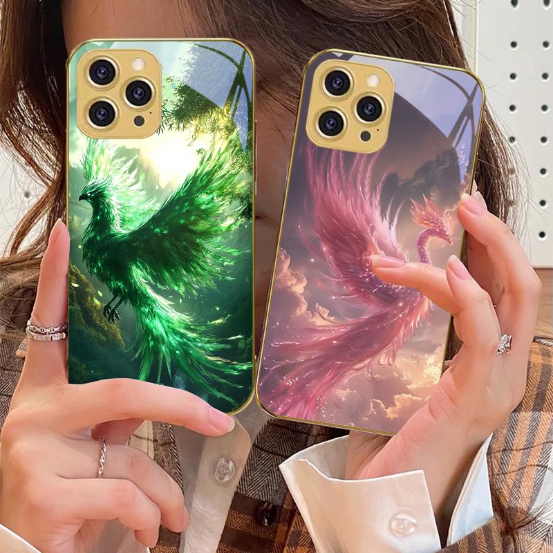 Złoty Feniks Rozwijający się Dla IPhone 16 Pro Max 15 P Ro 14 13 Plus 12 Mini 11Pro Max XS Max XR Złote Hartowane Szkło Etui na Telefon