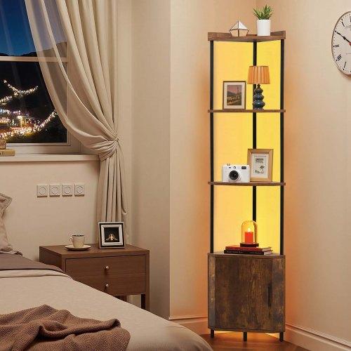 VEVOR 5 Tier Corner Shelf, Tall Corner Stand with LED Light and Doors, Wall Shelves Tower Storage Organizer, Metal Frame & Wooden Shelves