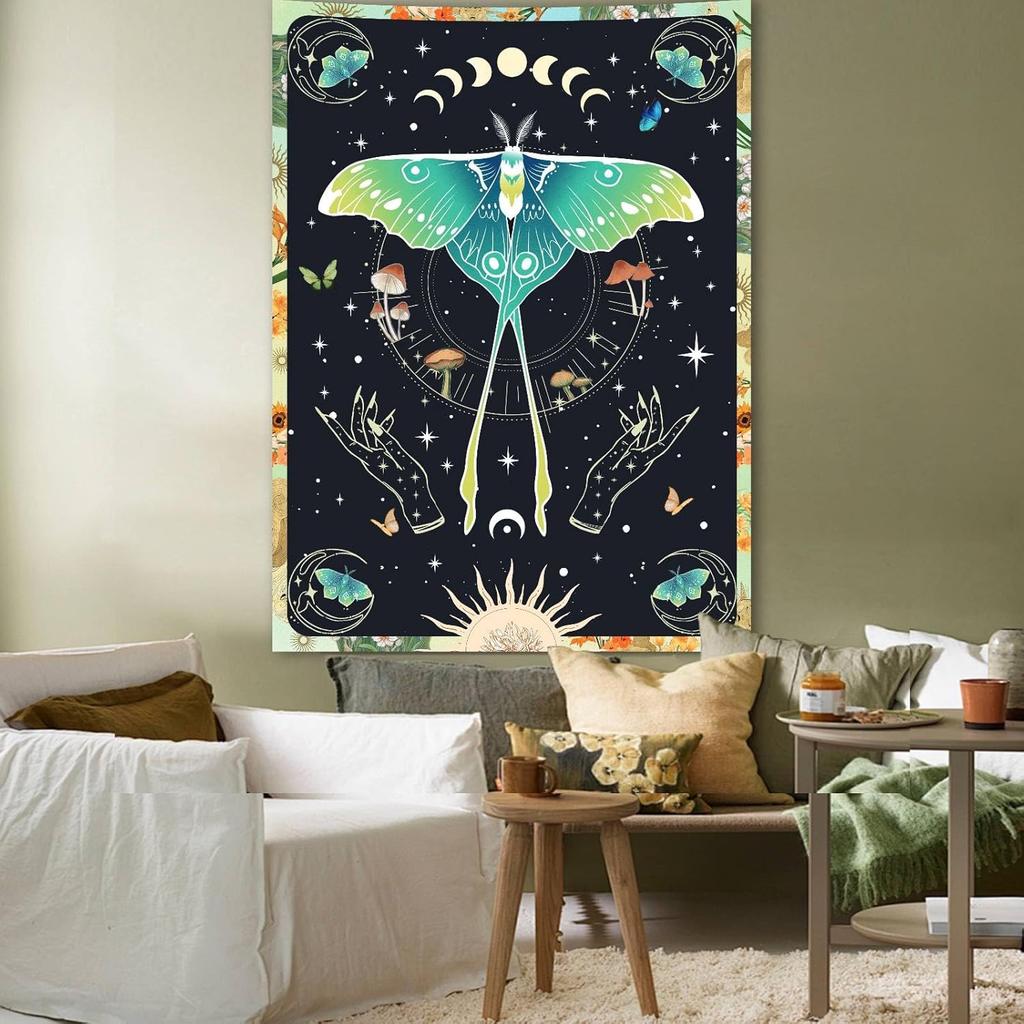 Mystical Luna Moth Tapestry, Green Moon Moth With Lunar Phases,Mushrooms And Witchy Hands Print Wall Hanging For Bedroom Living