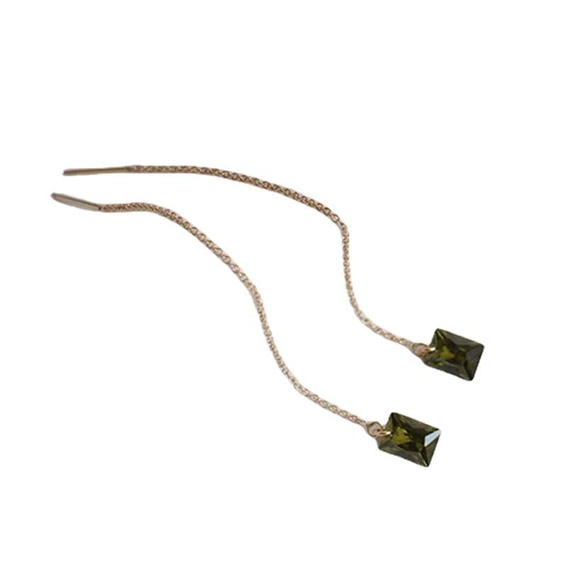925 Sterling Silver Olive Green Zircon EAR Thread Elegant Retro Affordable Luxury Style All-Match Earrings for Women