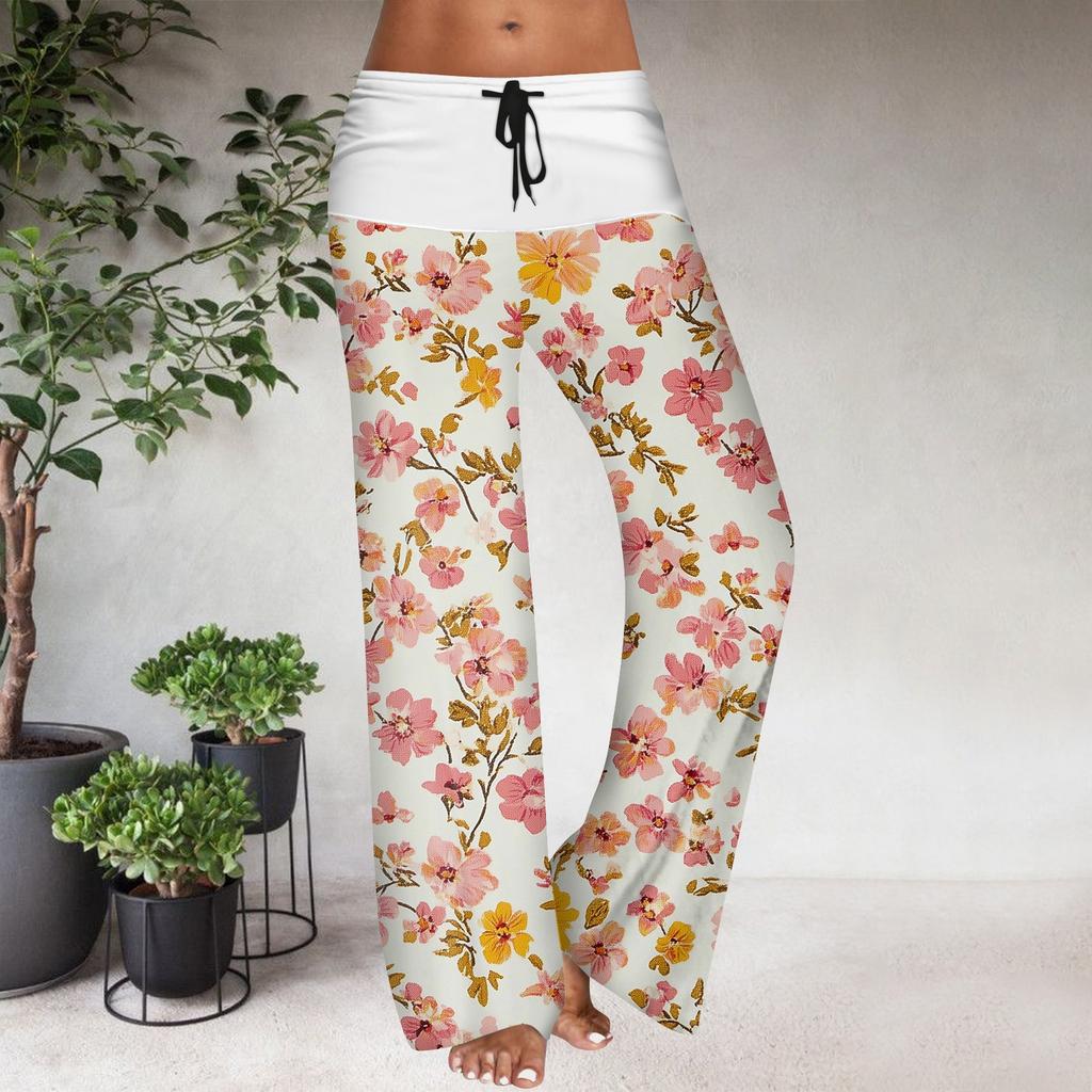 Women's Drawstring Elastic Waistband Wide Leg Color Matching Floral Printed Casual Pants