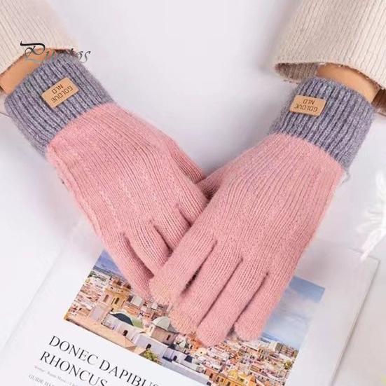 1 Pair Unisex Winter Gloves Knitted Thick Warm Color Matching Touch Screen Anti-slip Elastic Soft Warm Thick Plush Cycling Riding Gloves