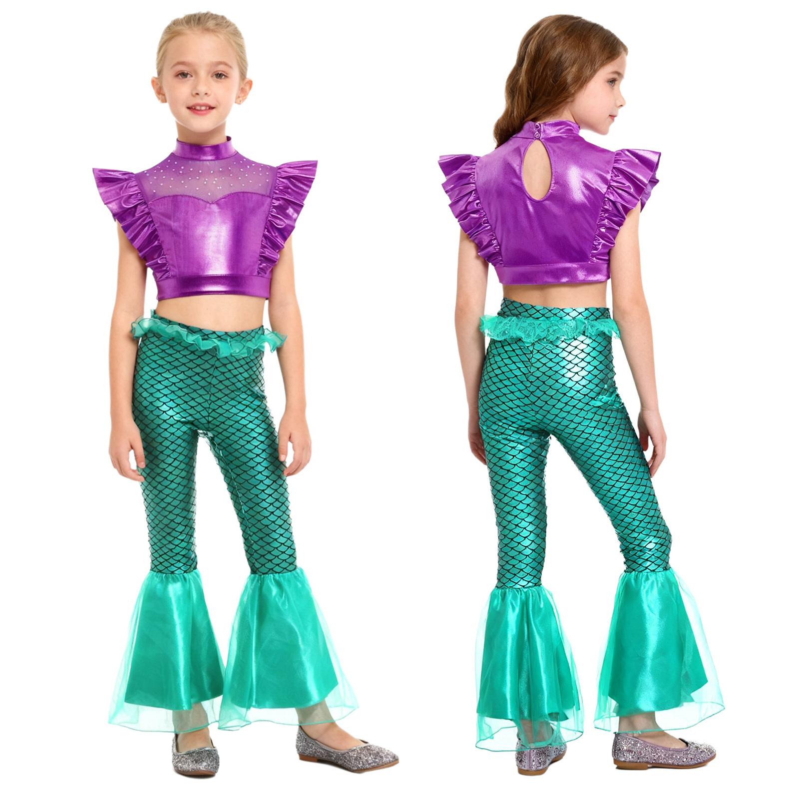 

Kids Mermaid Halloween Costume Sparkly Rhinestone Crop Top and Fish Scale Print Elastic Waist Ruffle Pants for Dress Up Party 9-10 Years