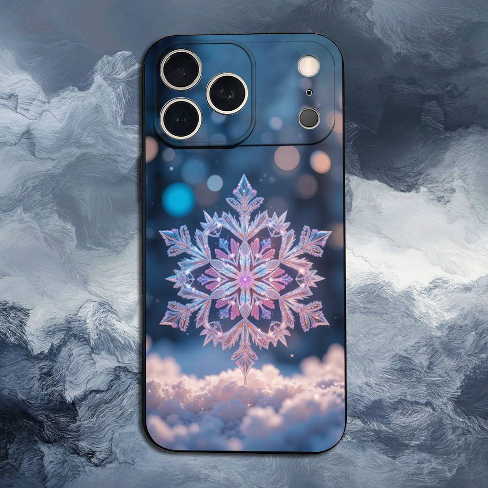 Art Christmas Snowflakes For iPhone 12,16,11,14,15,17,13,X,Mini,SE,XS,Plus,Pro Max,8,7,XR,Soft Silicone Black Case