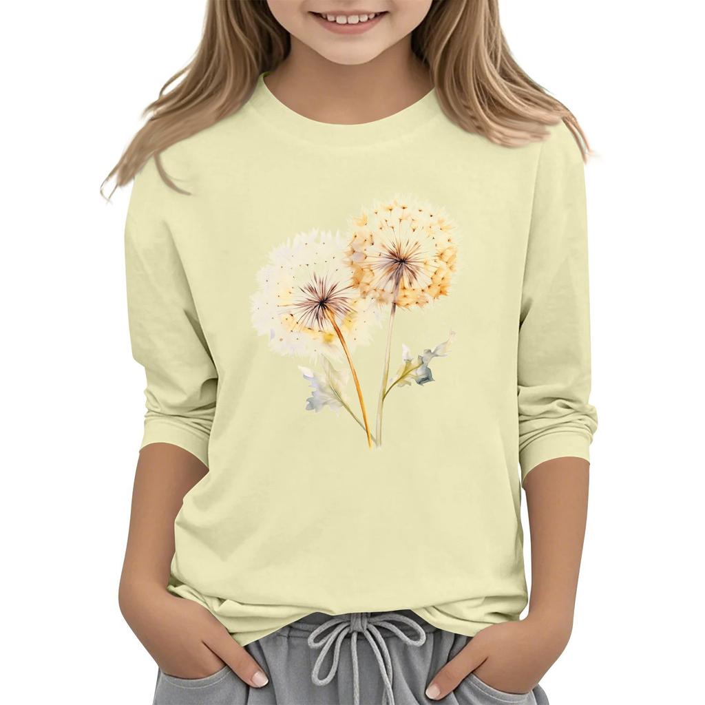 Children's 3/4 Sleeve Round Neck Flowers Print Casual Top