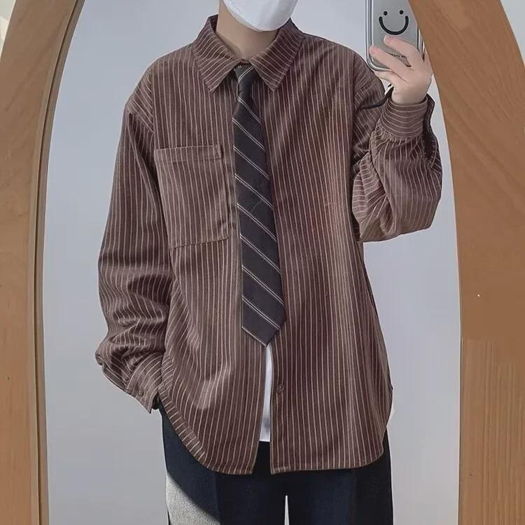 

Unisex Japanese Retro Striped Long-Sleeve Shirt - Loose, Versatile Spring Fashion M коричневый
