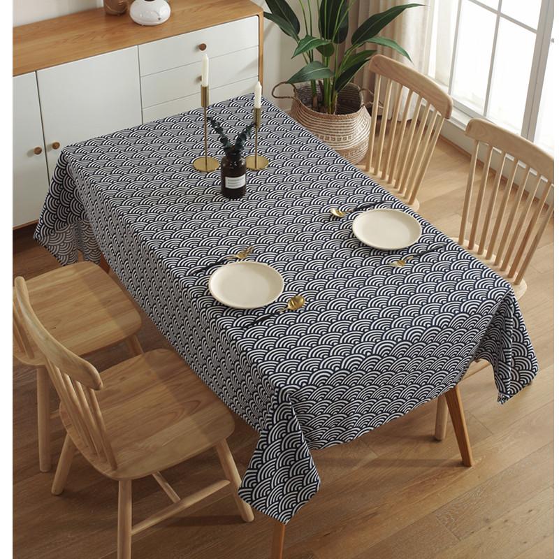 Japanese Style Retro Wave Pattern Tablecloth Blue Geometric Lattice Printed Coffee Pendant Tea Table Pad