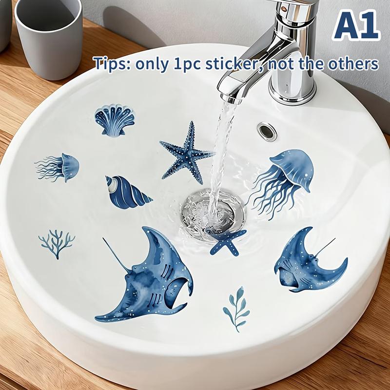 Blau Ton Meeresleben Glasaufkleber Badezimmer Waschbecken Dekorativer Aufkleber Wandaufkleber Selbstklebend Abnehmbar Hausdekoration