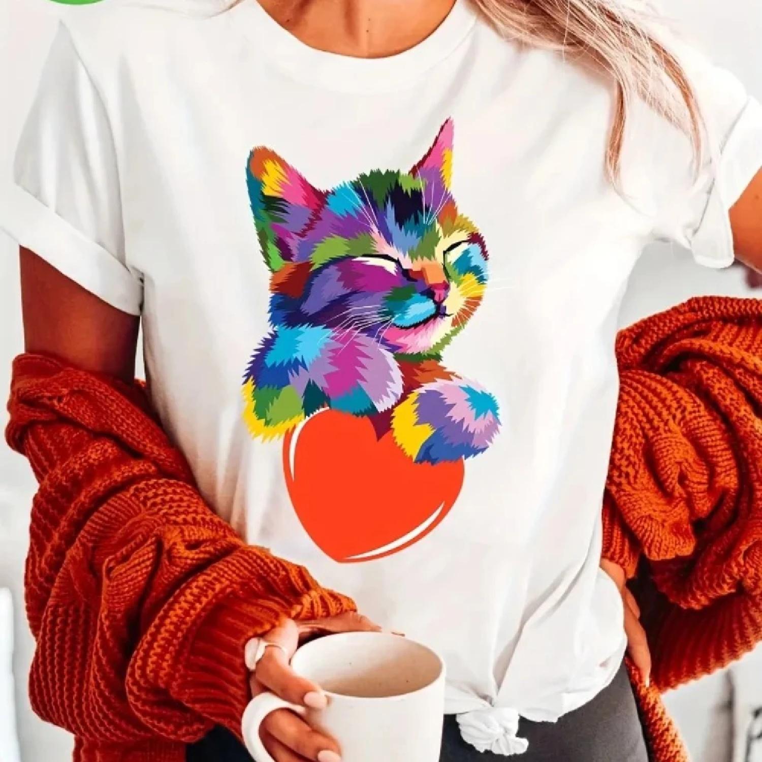 

Women s Cat and Heart Print T-Shirt Casual Crew Neck Short Sleeve Knit Top Suitable for All Seasons Streetwear XXXXXL