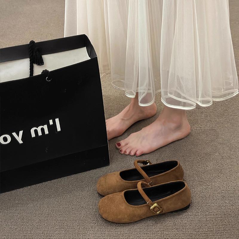 Spring new suede fairy with skirt shallow mouth single shoes retro round head flat bottom buckle temperament women's shoes