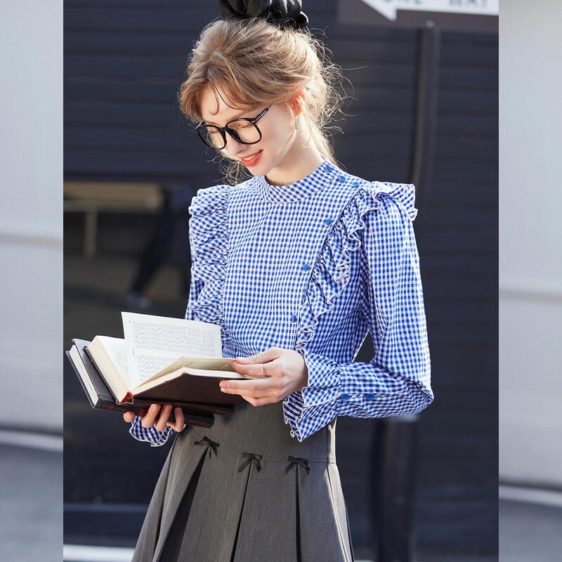 Bailuyu Romantic Ruffled Stand-Collar Plaid Shirt M