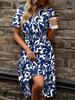 V-Neck Leaf Print Short Sleeve Belted Dress for Women