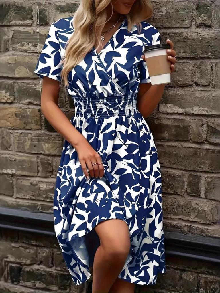 V-Neck Leaf Print Short Sleeve Belted Dress for Women
