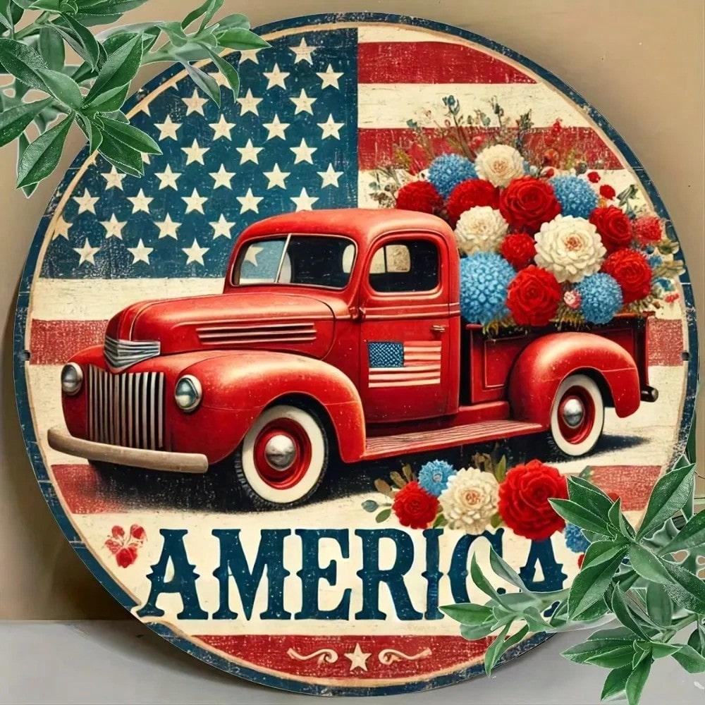 

Vintage Red Truck Metal Sign Floral Wreath Decor Front Door Wall Art 20x20 різнокольоровий