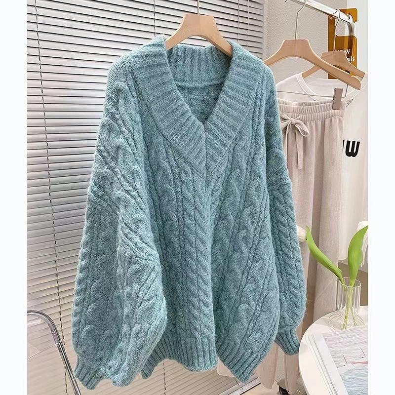 Harajuku Sweater Women Fashion Oversized Pink V-Neck Knitted Pullovers Korean Long Sleeve Knitwear Winter Casual Jumpers