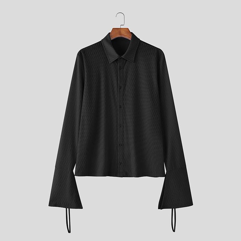 INCERUN Men Lapel Long Sleeve Button Up Semi-Sheer Texture Casual Shirts Tops M чёрный