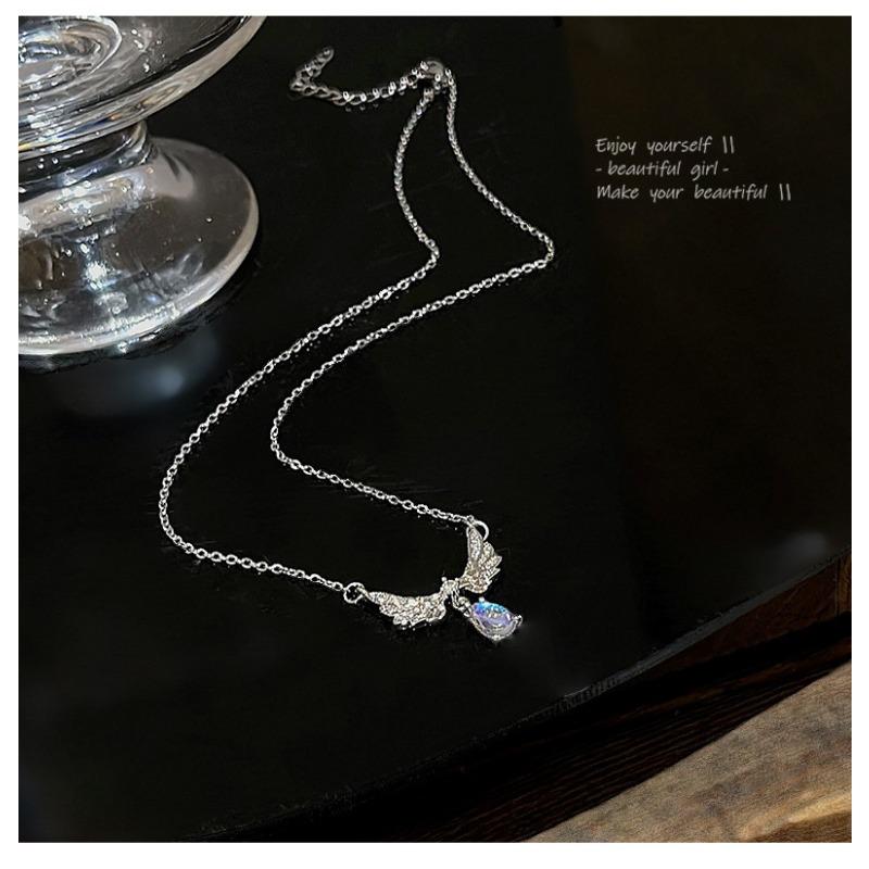 Women Light Luxury Minimalist Angel Wing Moonstone Drop Pendant Titanium Steel Clavicle Necklace