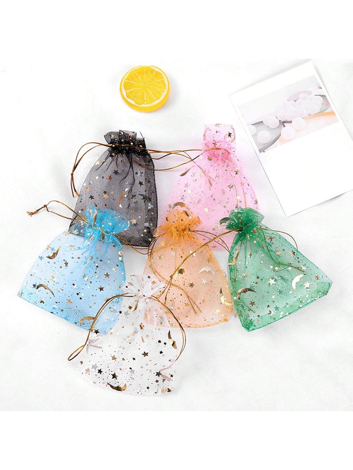 

100PCS - Mesh Bag Cosmetic Bag Hot Stamped Star Moon Bundle Mouth Drawstring Bag Eugen Yarn Bag Gift Candy Bag S