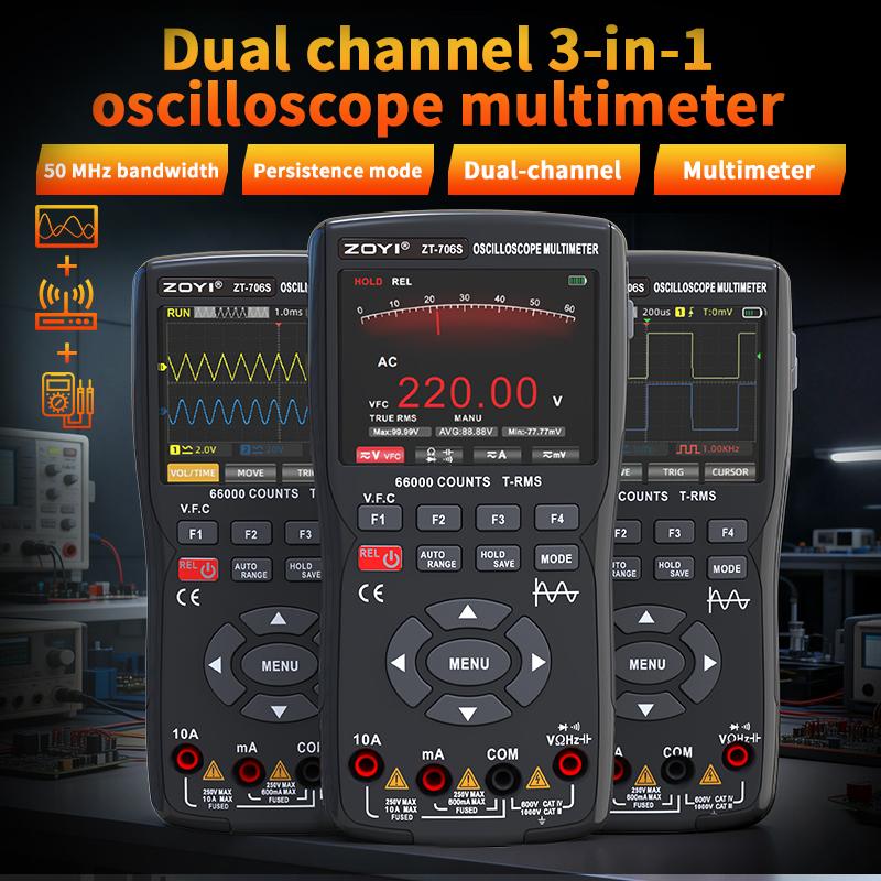 ZOYI ZT-706S 3-in-1 Automotive Oscilloscope Multimeter, True RMS with Waveform Generator, for Vehicle Repair and Electr