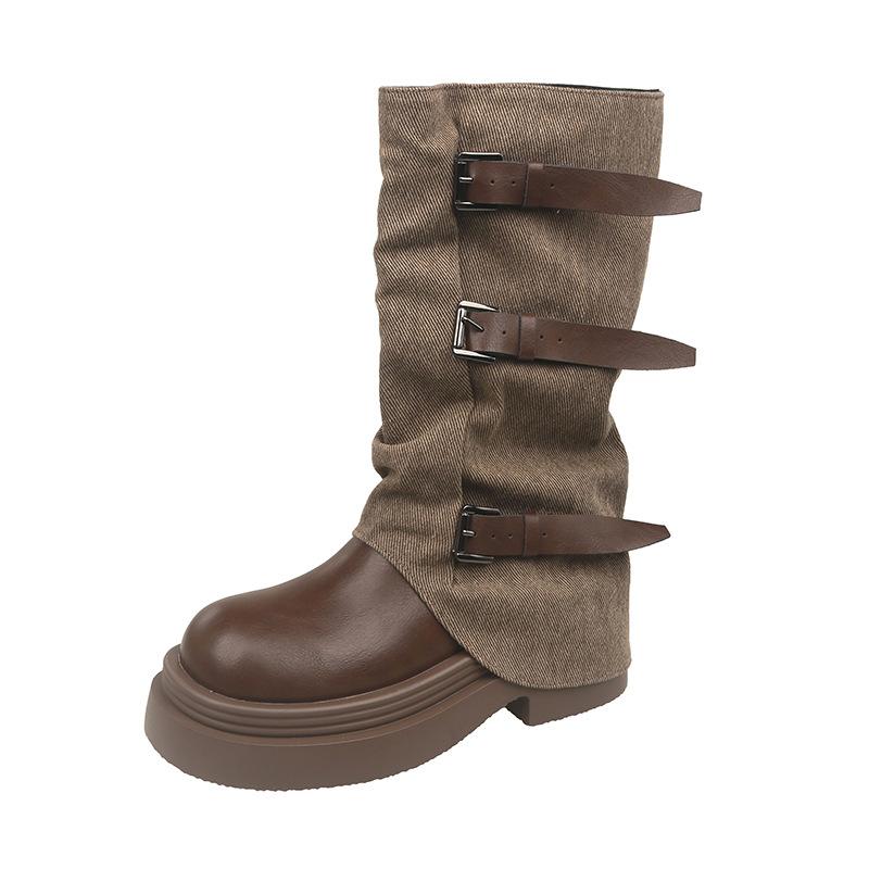 Vintage Western Cowboy Boots Women's Autumn and Winter Boots 2025 New French Heel Medium Boots Belt Buckle Martin Boots