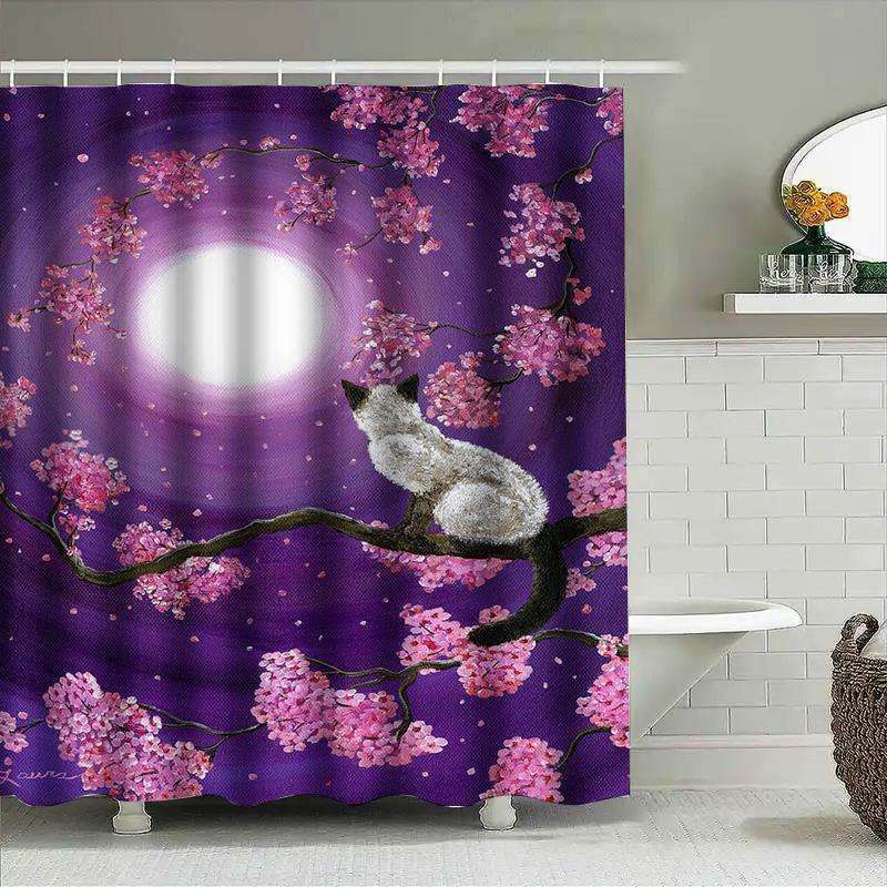 Purple Moonlight Cherry Blossom Cat Shower Curtain Pink Spring Floral Print Bathroom Decor Waterproof Fabric Bath Mat Cover Home