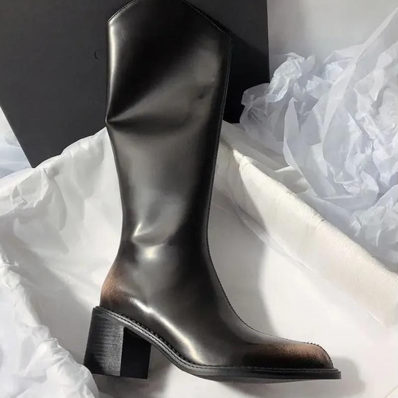 Women Knee-high Boots Temperament Pointe Leather Boots Slimming Long Tube Boot V-mouth Designer Women's Boots Botas Largas Mujer