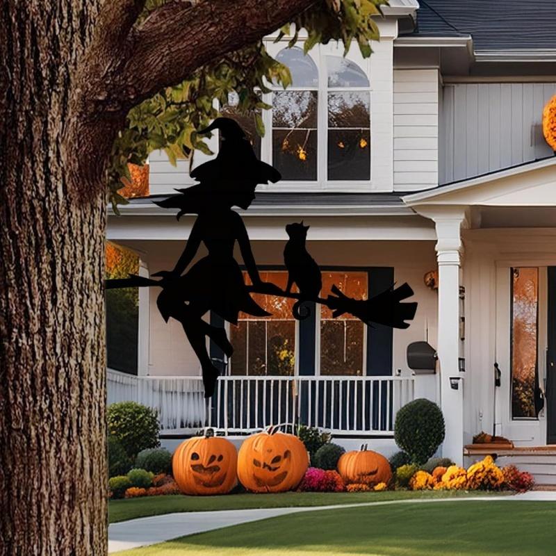 Halloween Black Cat Witch Broom Silhouette Garden Outdoor Stake Statue Decor