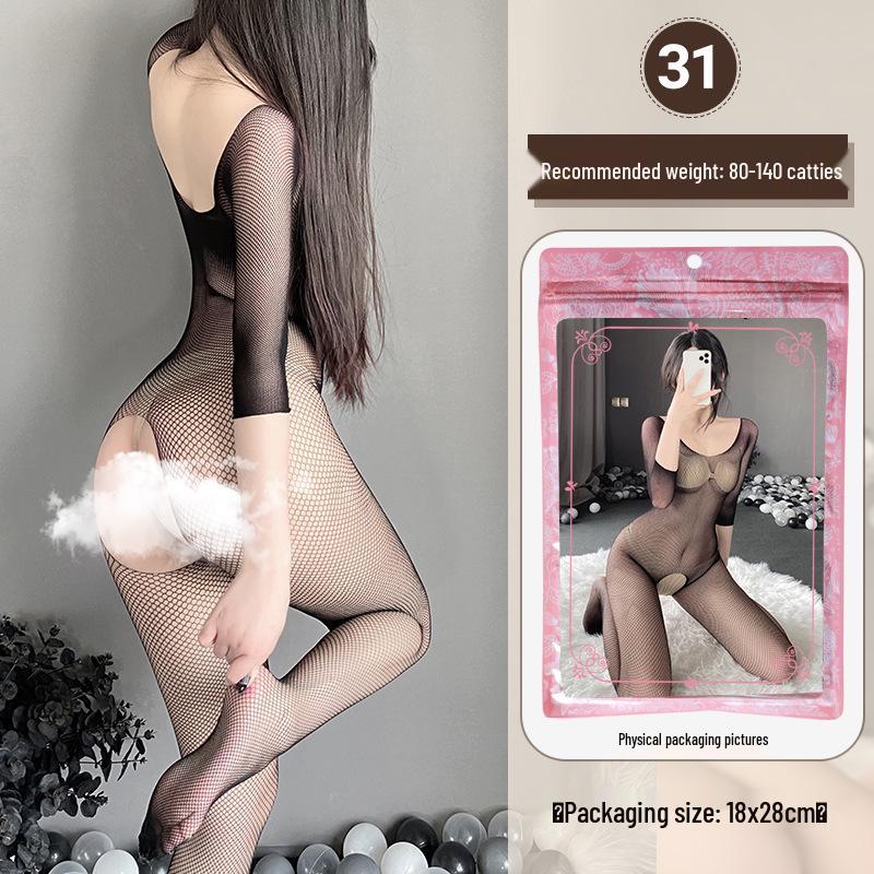 Linlinting Plus Size Sexy See-through Cutout Bodysuit with Open Crotch Stockings Set