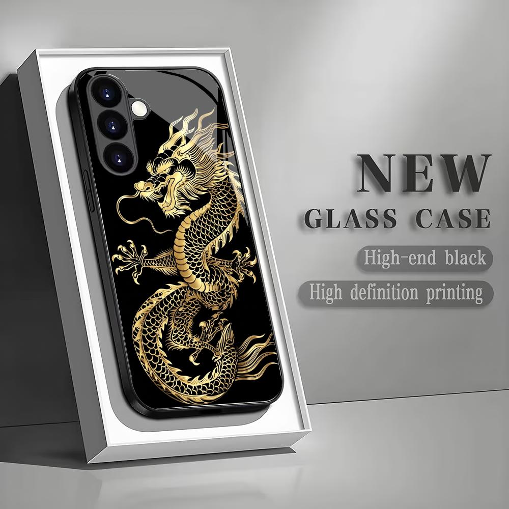 Golden Dragon Design Black Glass Phone Case Suitable for Samsung GalaxyS26 S25 S24 S23 S22 S20FE/Ultra/Plus Anti Drop Back Cover