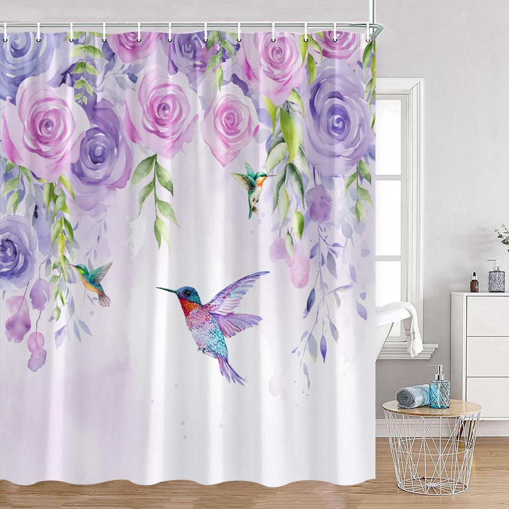 Purple Flowers Shower Curtains Wisteria Lavender Butterfly Birds Pirple Floral Bathroom Decorations Modern Elegant Bath Curtain