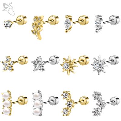 ZS 2pcs/lot Flower Shaped Stud Earrings 316L Stainless Steel Ear Studs Crystal Pearl Cartilage Earring Heart Ear Piercings 20G
