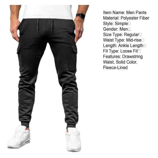 Pánské zimní tepláky se stahovací šňůrkou v pase, joggery s fleecovou podšívkou a několika kapsami, jednobarevné silné cargo kalhoty do práce a pro street wear