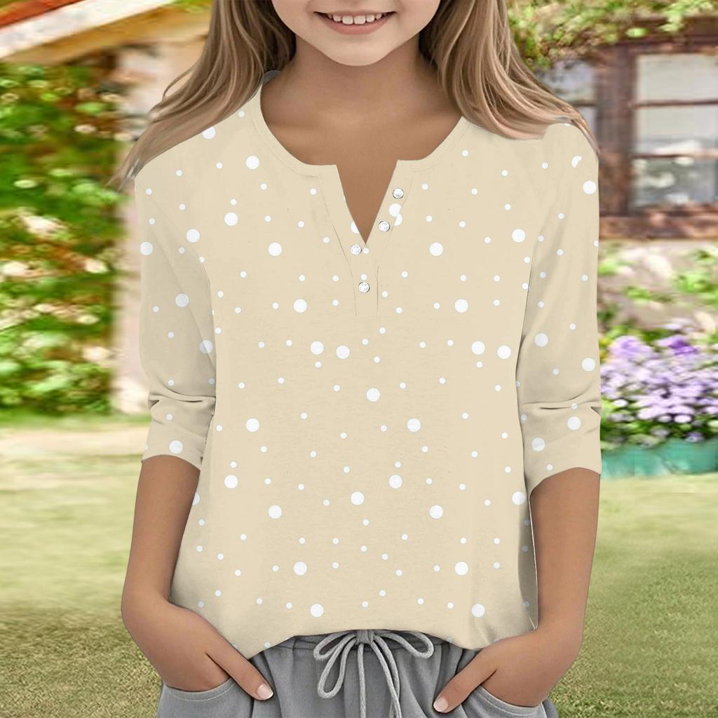 Print Tops For Youth Girls V Neck Button 3/4 Sleeves T-Shirts Trendy Tops Outfit Tees