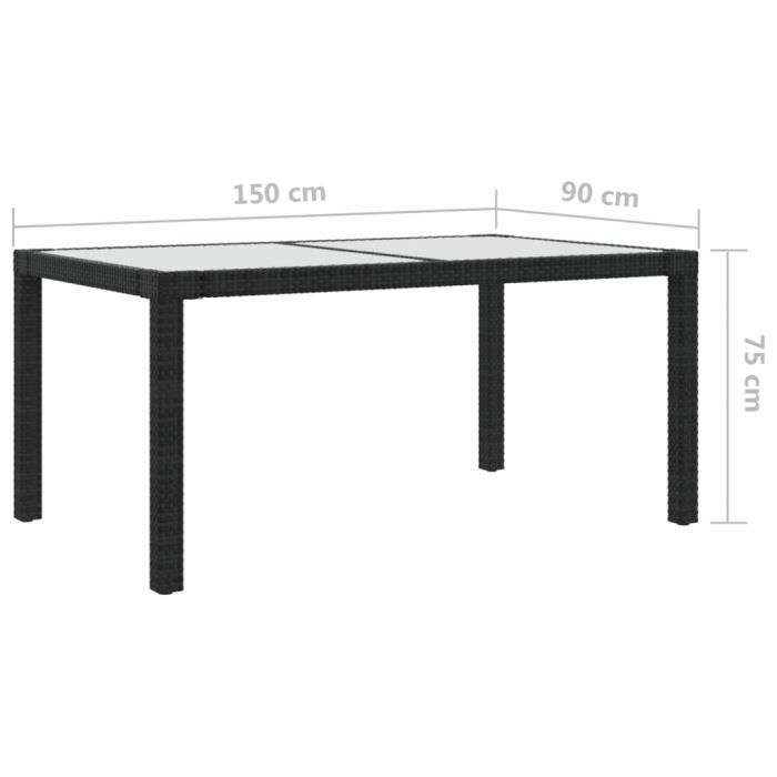 VidaXL Table de jardin 150x90x75cm, Verre trempé et résine tressée Noir