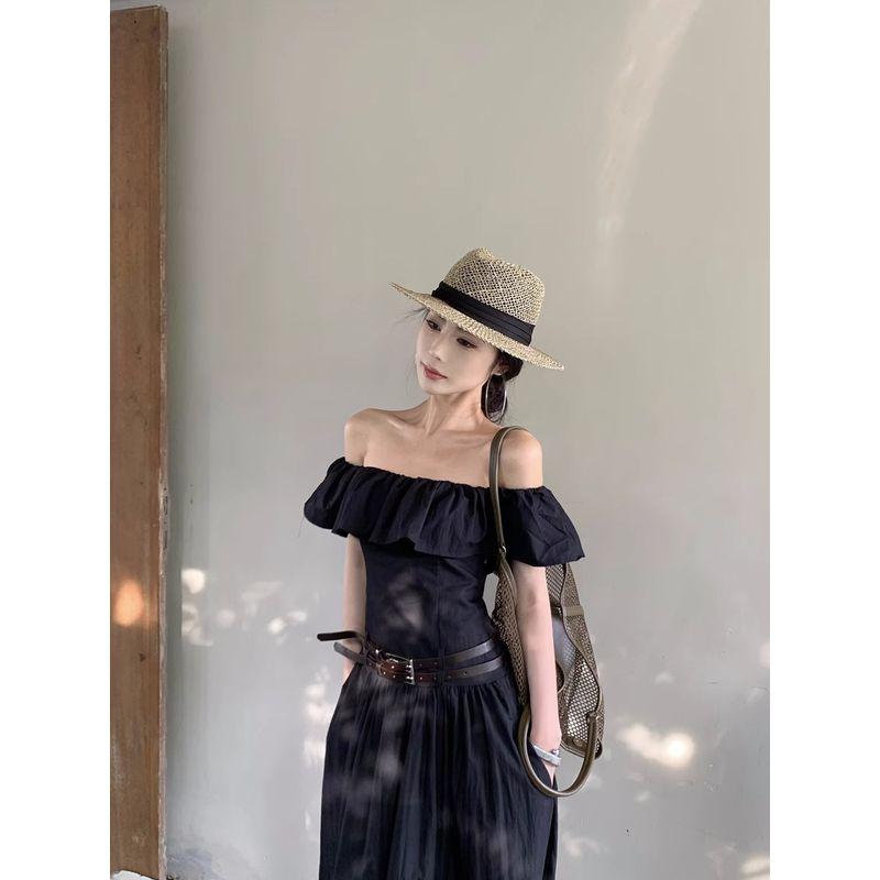 Kumikumi High Sense French Style Frill Off-Neck Dress Women Summer Slimming Temperament A- Line Skirt Long Dress