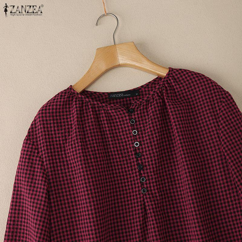 ZANZEA Women Casual Round Neck Long Sleeve Plaid Print Loose Blouse